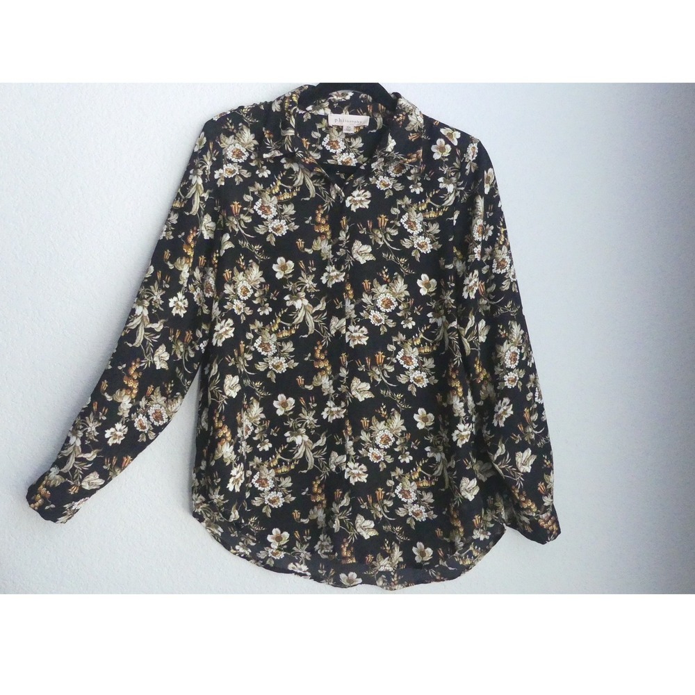 Philosophy Womens Floral Button Blouse Black Sheer Medium Layer Office Festive